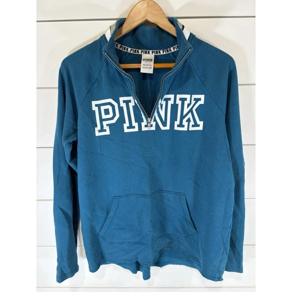PINK Victoria's Secret Women's Blue 1/4 Zip Sweatshirt White Gold Collar Size S